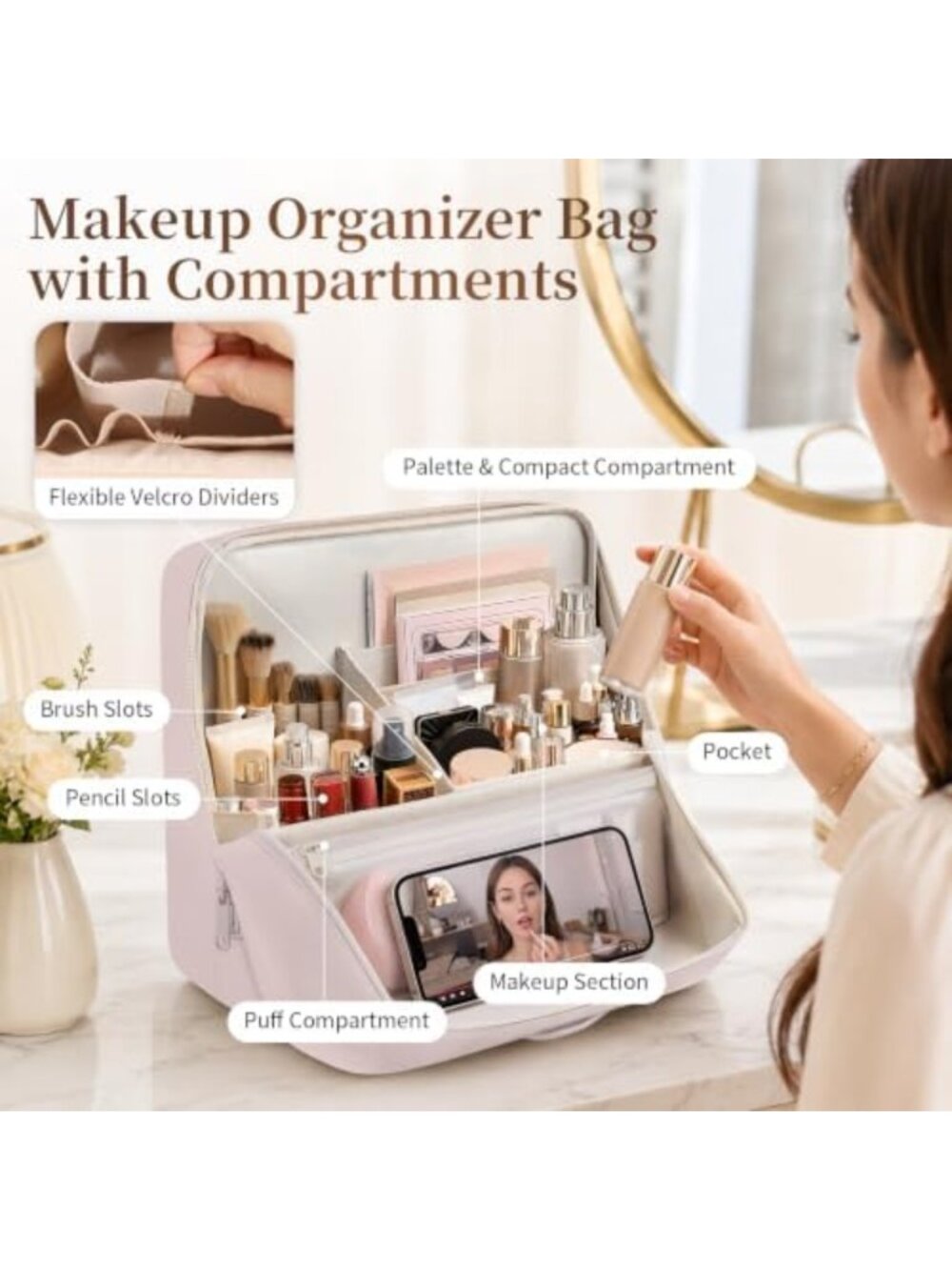 Stylish Travel Makeup Bag - Folding Leather Cosmetic Organizer with Handle - Picture 3 of 7